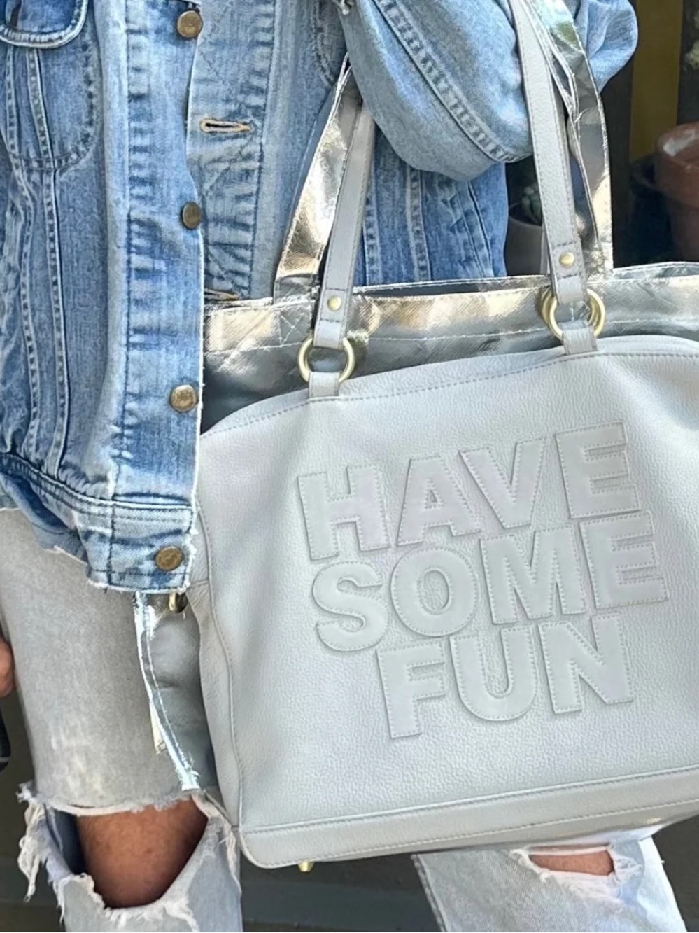 Have Some Fun Today Elsie Bag Tote Calf Leather Blue Gray Shoulder Strap